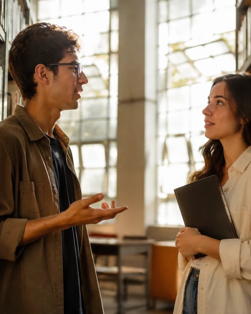 Duas participantes conversando de pé entre as prateleiras de uma biblioteca